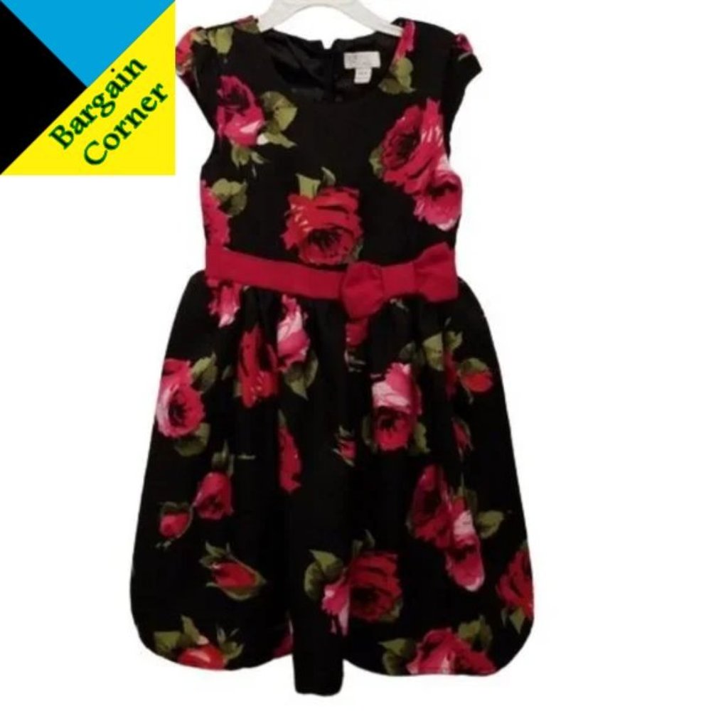 1989 PLACE Red Roses On Black Sleeveless Dress 6X/7